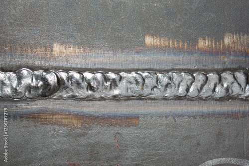 Close-up of a butt weld joint connecting two steel plates. The weld bead has a distinct rippled texture, indicating a fusion welding process. Metal discoloration and surface finishing marks are visibl