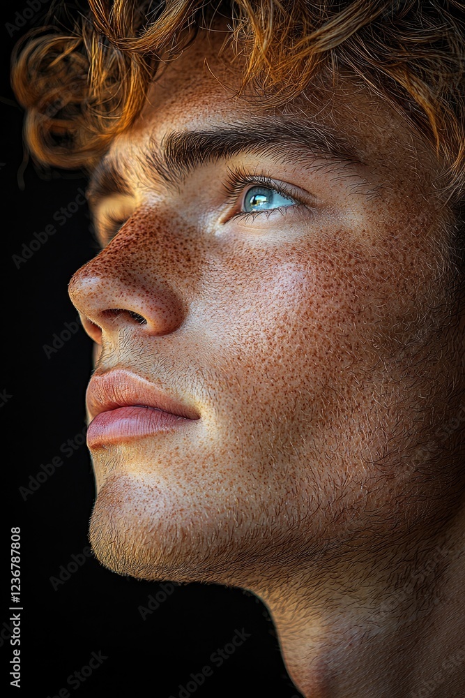 A close up portrait of a young man with freckles and red hair A close up portrait of a young man with freckles and red hair