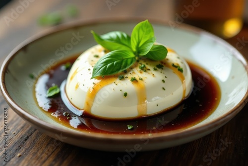 Fresh burrata cheese with basil and balsamic glaze, sauce, balsamic, basil photo