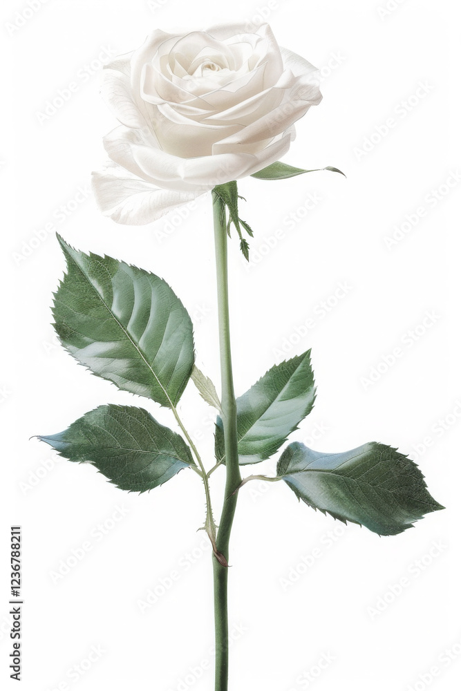 Fototapeta premium White rose with green leaves is the main focus of the image