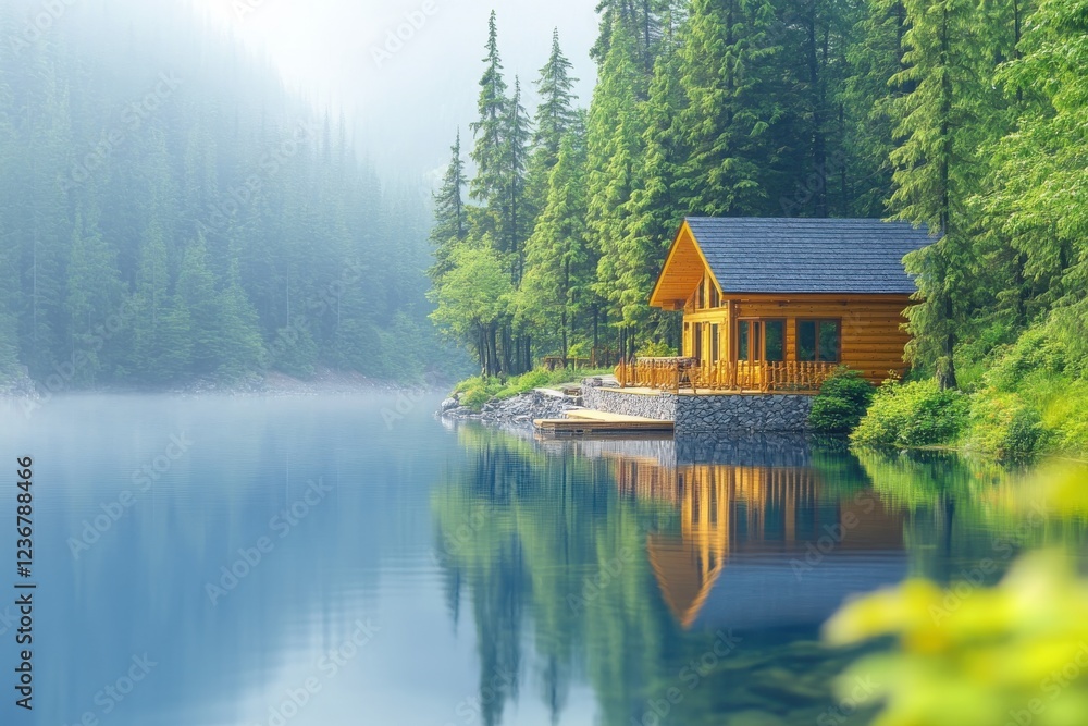 Fototapeta premium Cozy Cabin Beside Tranquil Lake, Reflecting Serenity in Nature, Surrounded by Majestic Forest