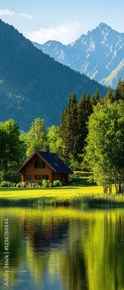 Fototapeta premium Picturesque lakeside cabin retreat mountainous region real estate listing serene landscape wide angle view tranquil escapism