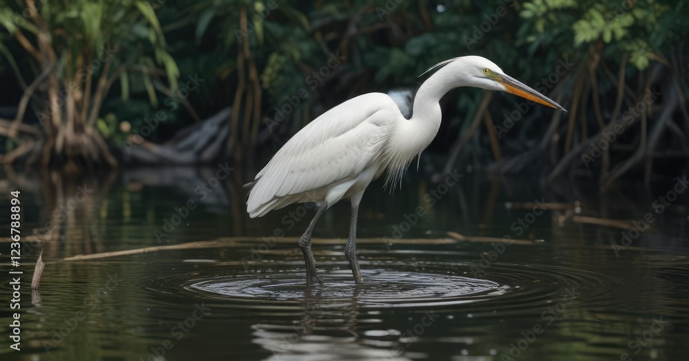 Heron-like egret wades through shallow water with beak pointed downward , hunting behavior, aquatic habitat, wetlands Heron-like egret wades through shallow water with beak pointed downward , hunting behavior, aquatic habitat, wetlands
