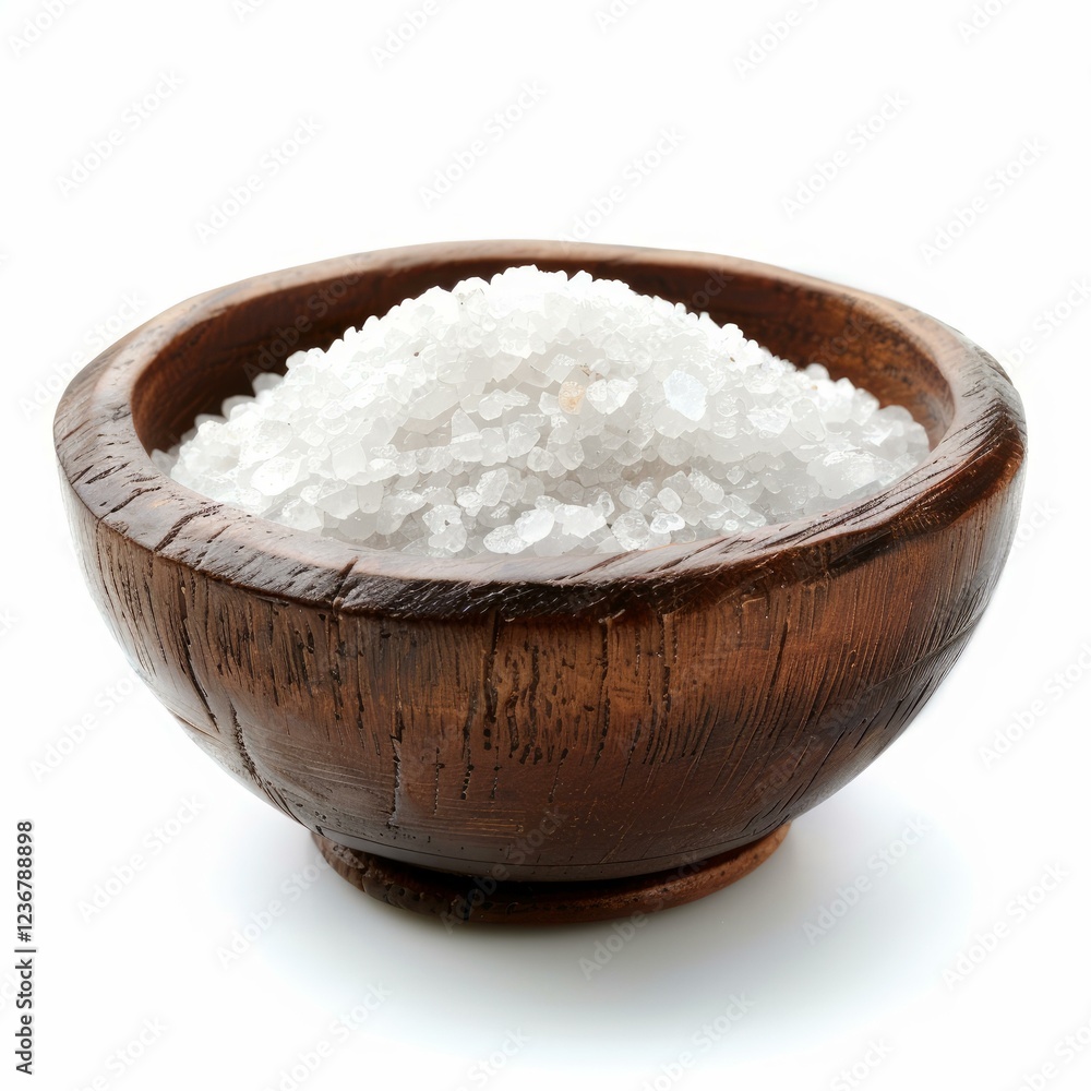 Coarse sea salt crystals are overflowing a rustic wooden bowl, set against a clean white backdrop Coarse sea salt crystals are overflowing a rustic wooden bowl, set against a clean white backdrop