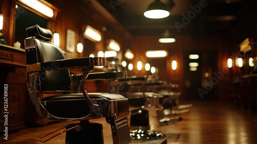 Empty Vintage Barber Shop Interior with Elegant Styling Chairs and Warm Lighting