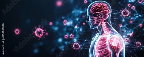 A digital illustration showing a human silhouette with glowing organs and surrounding virus particles, symbolizing health and the immune system.