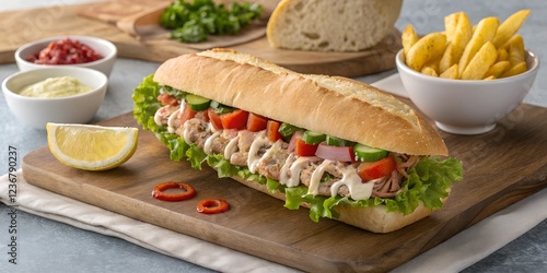 Fresh and Juicy Tuna Baguette with Side Salad and Fries

