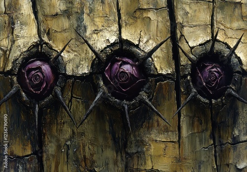 Abstract artwork featuring three dark purple, rose like forms encircled by sharp, thorny textures against a textured, gold and brown background. The photo