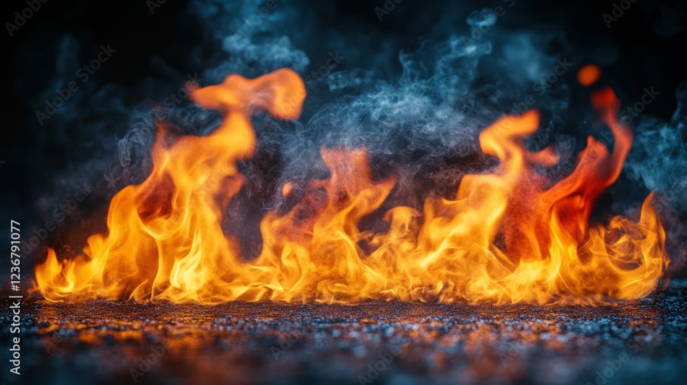 Fiery flames on dark ground with smoke background Fiery flames on dark ground with smoke background