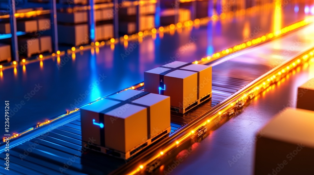 Automated Warehouse Conveyor System With Illuminated Boxes Automated Warehouse Conveyor System With Illuminated Boxes