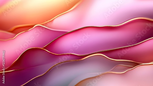 A vibrant abstract design features flowing waves of pink and peach hues, intertwined with delicate golden lines, creating a soft, dreamy aesthetic.
