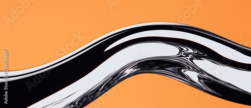 A smooth, flowing black and silver wave contrasts dynamically against a vibrant orange background, creating a striking visual effect.