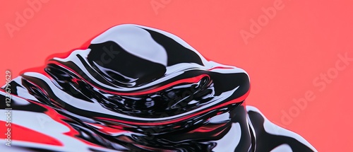 A glossy, black substance with flowing shapes against a vibrant red background, creating a striking visual contrast.