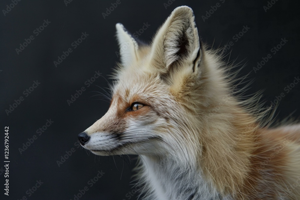 Fototapeta premium Red fox with intense gaze and pricked ears, showcasing the beauty of its fur against a dark background
