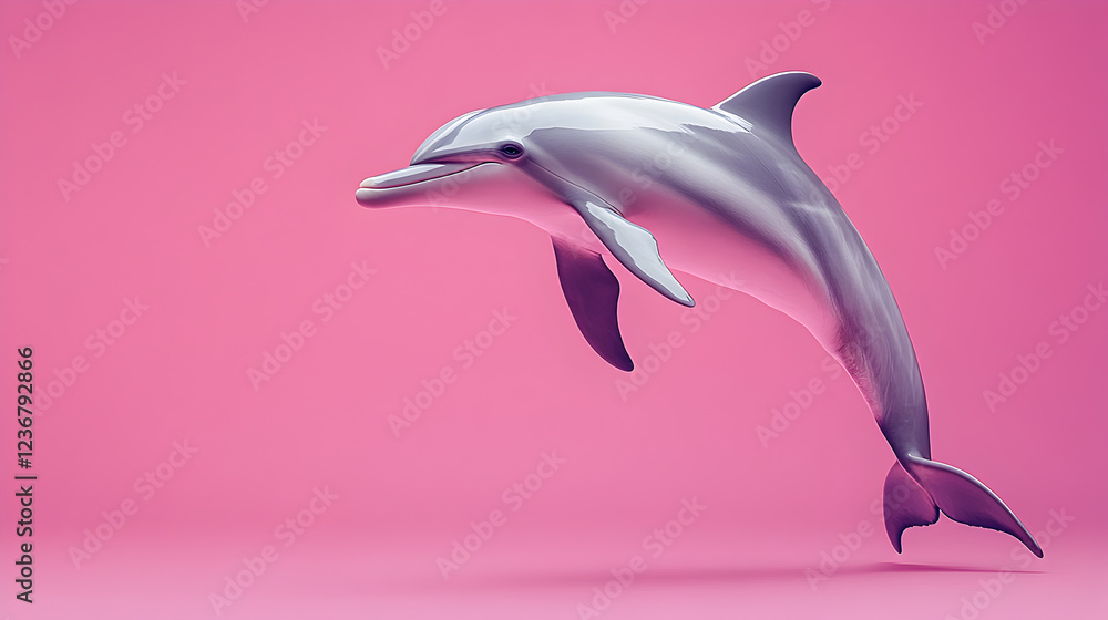 Fototapeta premium Dolphin standing against a solid pink background exuding confidence and charm ultra-detailed high-quality studio portrait with a sleek and playful presence