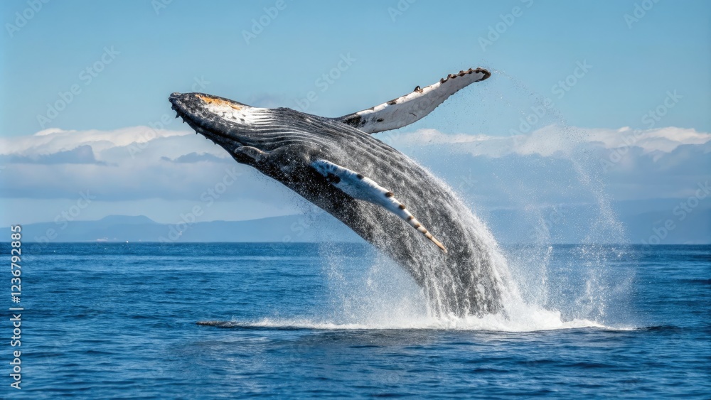 Fototapeta premium Majestic humpback whale breaching with its massive tail high above the water's surface, fluidity, wave, ocean, sky