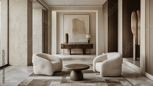 Modern minimalist living room interior design with neutral tones