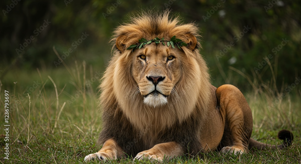 Majestic Lion with a Leafy Crown in Serene Meadow Majestic Lion with a Leafy Crown in Serene Meadow