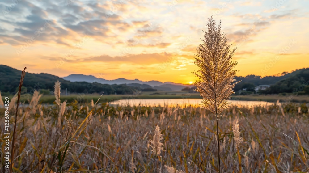 Sunset over tranquil lake, reeds in foreground