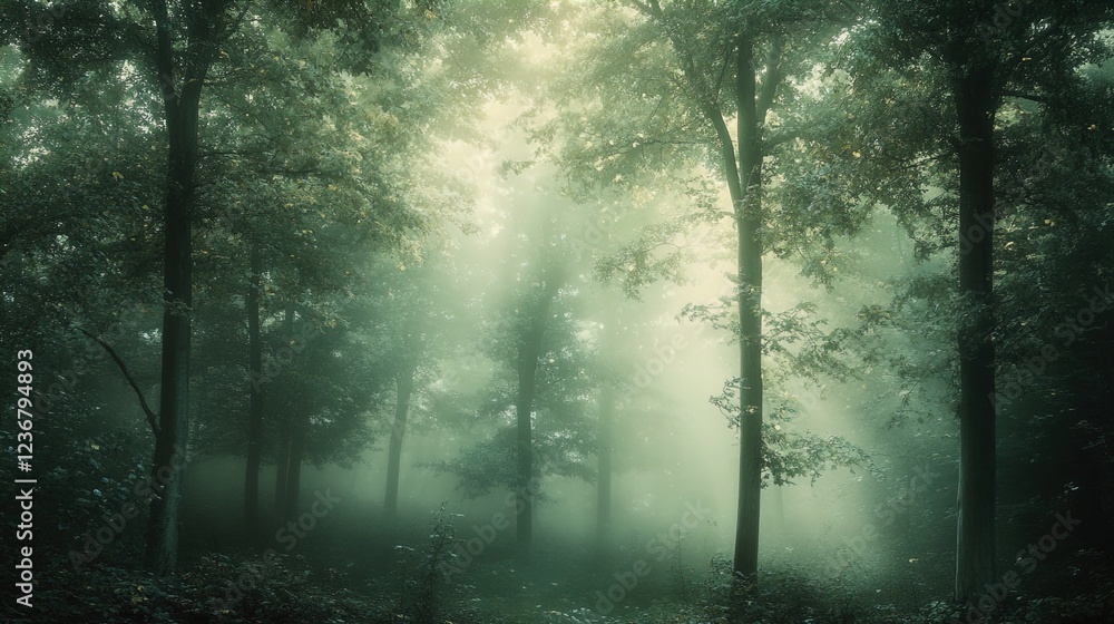 A serene forest scene enveloped in mist, showcasing tall, majestic trees with vibrant green leaves. The soft light filters through the leaves, creating a magical atmosphere. The ground is partially ob A serene forest scene enveloped in mist, showcasing tall, majestic trees with vibrant green leaves. The soft light filters through the leaves, creating a magical atmosphere. The ground is partially ob