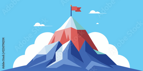 Mountain peak with flag on top symbolizing success, achievements and reaching goals.Vector color flat illustration
