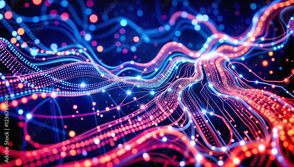Digital network flow neon waves, nodes and data streams. tech pattern glowing light particles, neural connections energy pulses on dark background. Binary matrix visualization for future technology Digital network flow neon waves, nodes and data streams. tech pattern glowing light particles, neural connections energy pulses on dark background. Binary matrix visualization for future technology