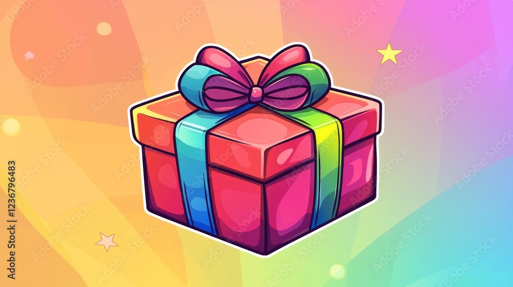 Colorful gift box with ribbon on gradient background featuring stars and bubbles Colorful gift box with ribbon on gradient background featuring stars and bubbles