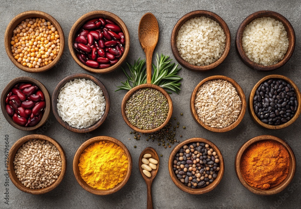 Overhead shot of various grains, legumes, and spices in wooden bowls. Overhead shot of various grains, legumes, and spices in wooden bowls.