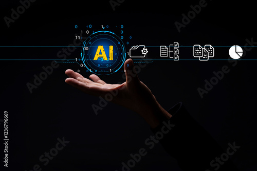 hand with various icons and symbols connected to it, representing different aspects of artificial intelligence and technology
