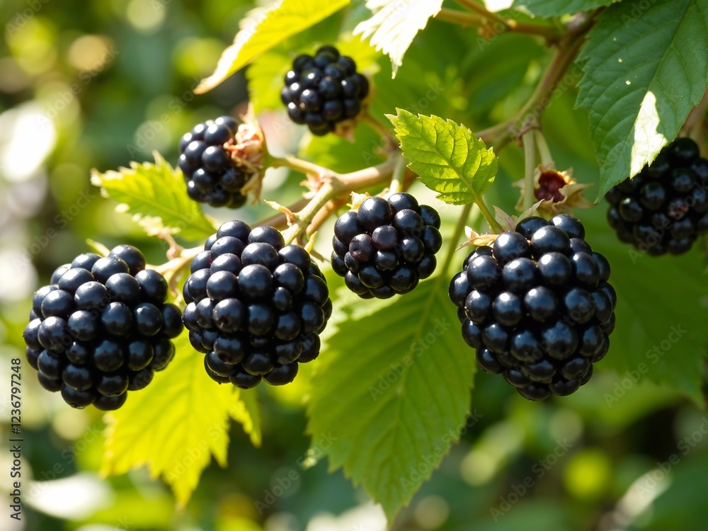 Bright photo of a ripe blackberry on a bush branch with green leaves Bright photo of a ripe blackberry on a bush branch with green leaves