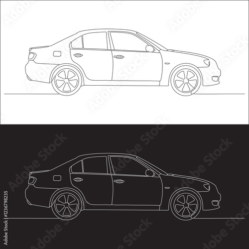 Luxury Car Side View Icon, Car line art vector illustration.  white and black background.