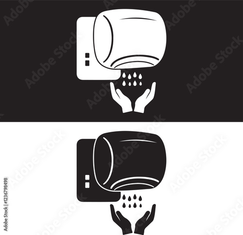 Electric hand dryer blowing hot air for drying hands in public restroom.