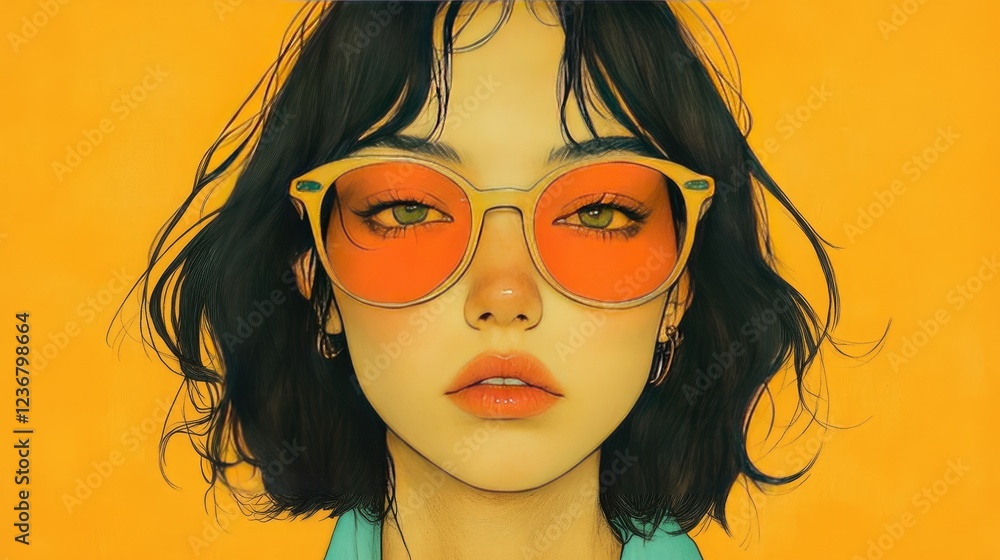 Fototapeta premium Stylish Woman in Orange Sunglasses Against Vibrant Yellow Background