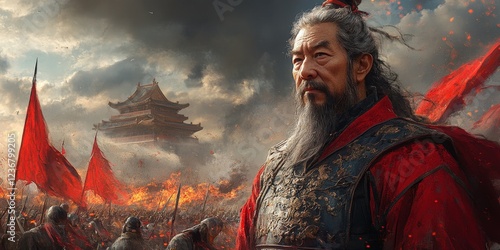 Ancient Chinese general amidst battle; pagoda in background. Use historical fiction, game art.