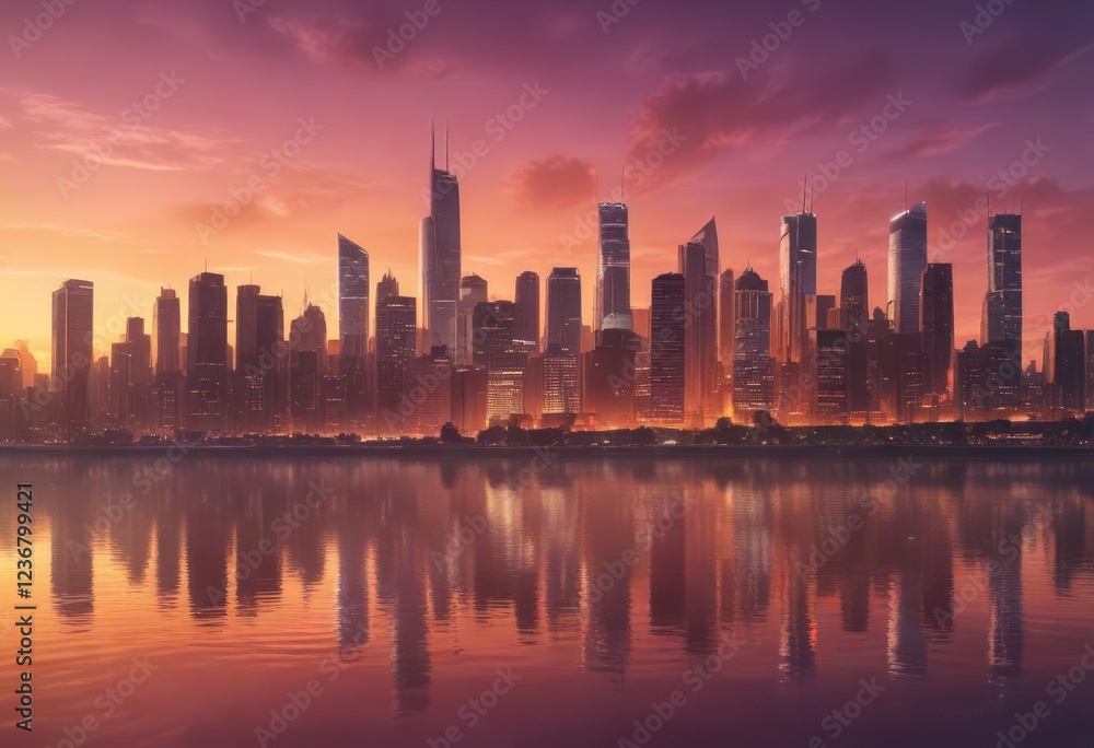 Obraz premium Mesmerizing sunset behind city skyline creating a stunning gradient of warm and cool tones, color spectrum, evening
