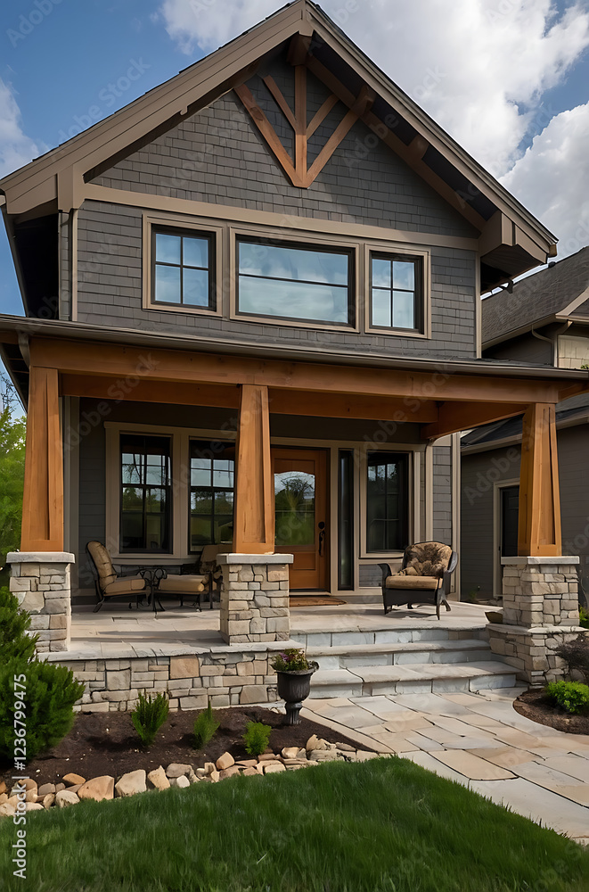 Obraz premium Modern Luxury Home Exterior: Stone, Wood, and Glass Architectural Design