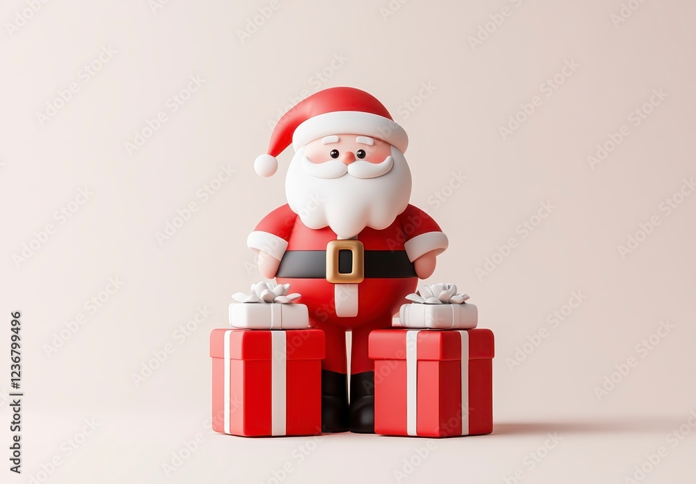 A cheerful cartoon figure stands between two red gifts with white ribbons against a beige background. Simple, 3D rendered illustration A cheerful cartoon figure stands between two red gifts with white ribbons against a beige background. Simple, 3D rendered illustration