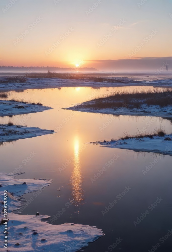 Misty dawn over the Gulf of Bothnia with the sun slowly rising above frozen waters, landscape, mist Misty dawn over the Gulf of Bothnia with the sun slowly rising above frozen waters, landscape, mist