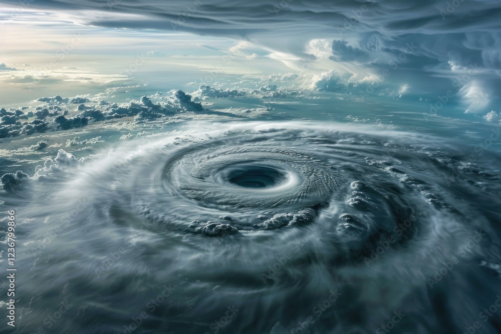 Swirling clouds form the eye of a powerful hurricane over the ocean, bringing destructive winds and torrential rain Swirling clouds form the eye of a powerful hurricane over the ocean, bringing destructive winds and torrential rain