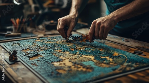 A Man Carefully Assembles a Large Intricate Jigsaw Puzzle on a Rustic Wooden Table