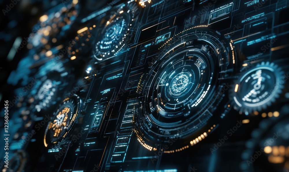 Complex display panel of glowing blue and gold elements; technology background, can be used for tech concepts Complex display panel of glowing blue and gold elements; technology background, can be used for tech concepts