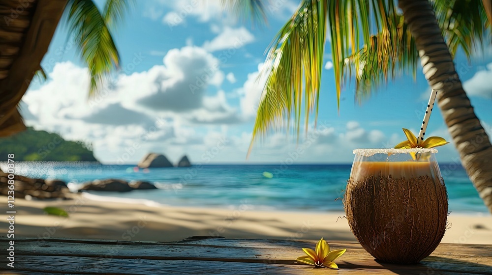 Obraz premium a extra realistic photo HD of a caribean beach, you can see a coctel with a coconut a pinnaple palm trees sand and the blue sea in the back