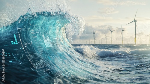 Fototapeta Naklejka Na Ścianę i Meble -  A dynamic ocean wave blended with financial graphs and sustainable icons, symbolizing green energy. Digital graphs and sustainable icons merge 