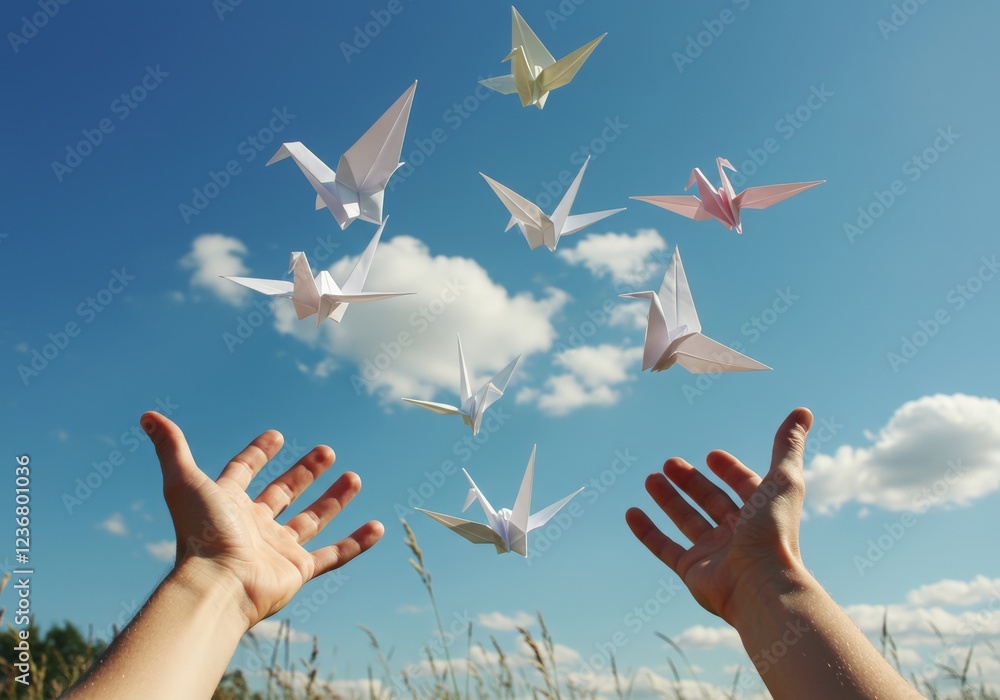 A pair of hands releasing paper birds into a bright sky, symbolizing the act of letting go of negativity and embracing freedom