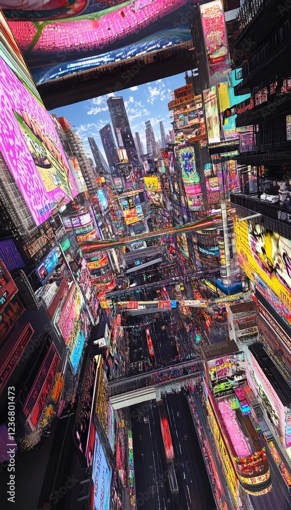Fototapeta premium A striking dystopian cityscape showcasing neon streets and skyscrapers reflecting societal tension.