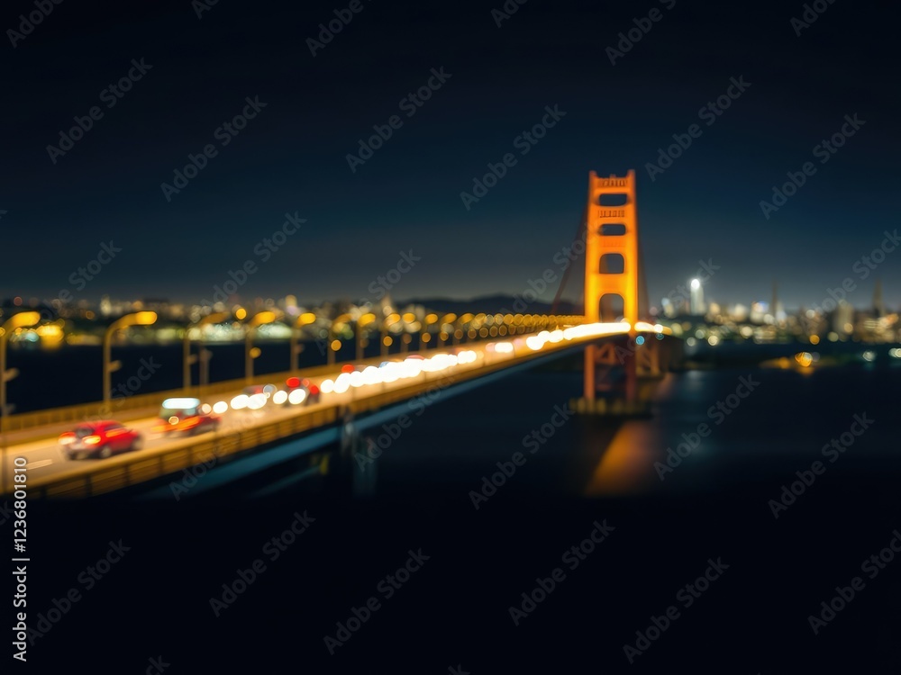 Fototapeta premium Long shot of the Richmond-San Rafael Bridge with blurred traffic and city lights in the background at night, California coastline, Richmond Bay Bridge, San Rafael Bridge