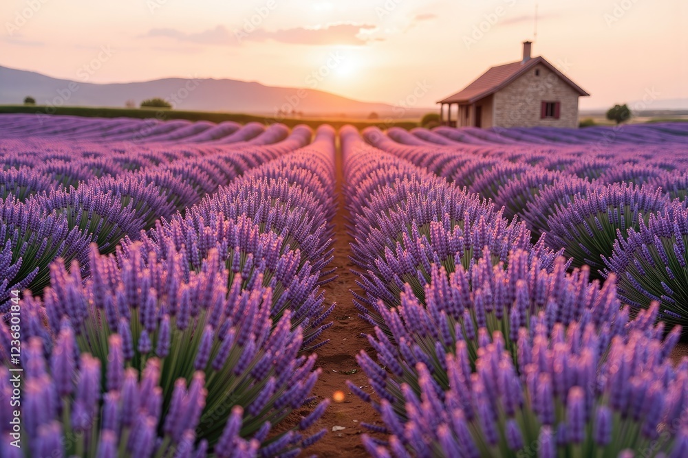 Obraz premium stunning lavender field during sunset. Rows of vibrant purple lavender stretch out in neat lines toward the horizon, creating a wavy pattern. In the background, a quaint house with a red roof sits ami