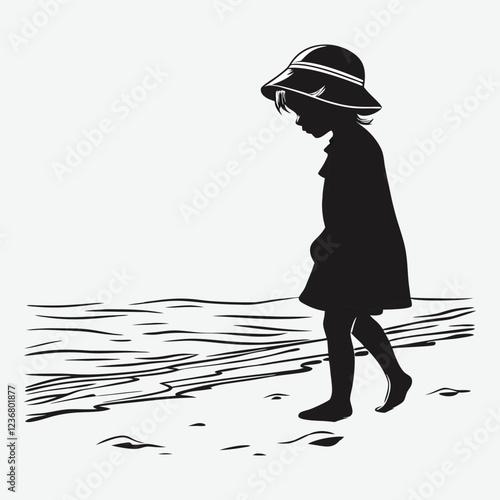 a-little-child-standing-on-the-beach-with-a-hat-on his head silhouette image vector art and illustration