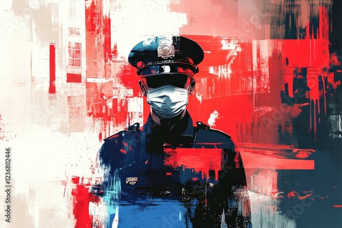 Abstract illustration of a police officer wearing a mask amidst bold red and blue colors, symbolizing law enforcement and public safety in a modern urban environment.