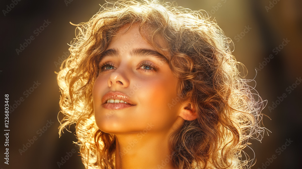 Beautiful young woman portrait in golden sunlight with curly blonde hair. Natural beauty closeup with glowing skin, summer sunset rays and warm backlight. Romantic female face with radiant smile. Beautiful young woman portrait in golden sunlight with curly blonde hair. Natural beauty closeup with glowing skin, summer sunset rays and warm backlight. Romantic female face with radiant smile.